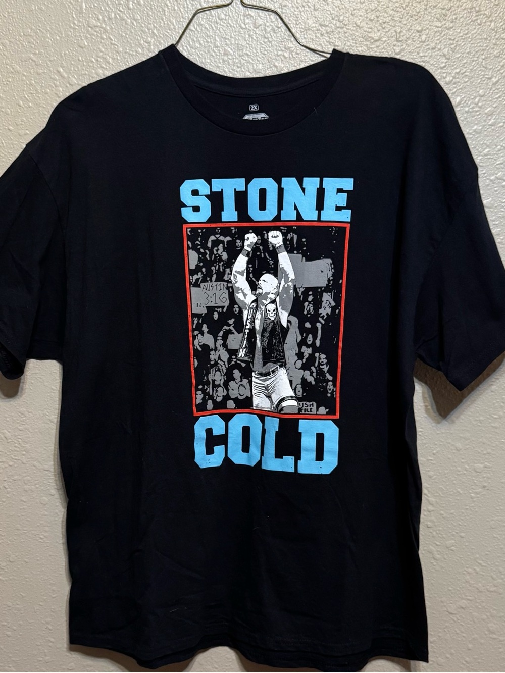 WWE Stone Cold Black Tee with Blue and Red Graphic